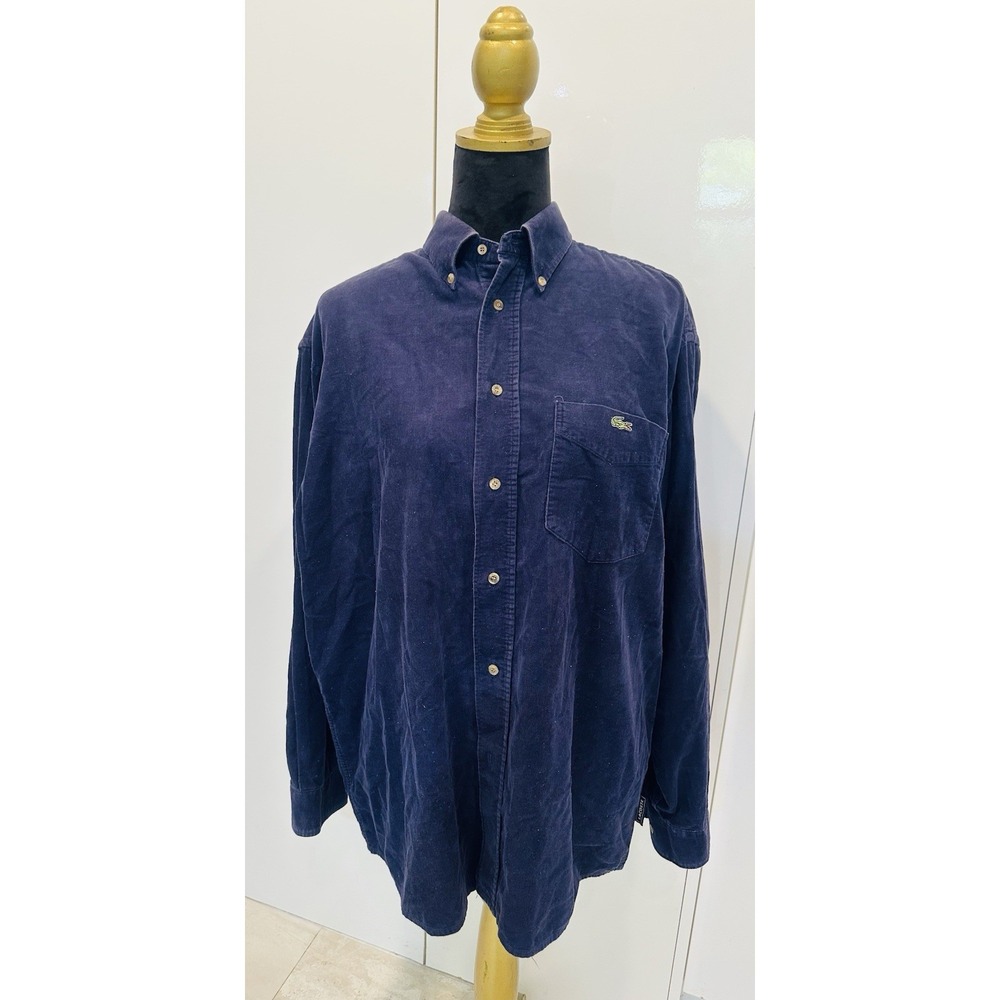 Lacoste Men Navy Blue Cotton Velvet Button Down Shirt Embroidered Sz 43 (US XL)